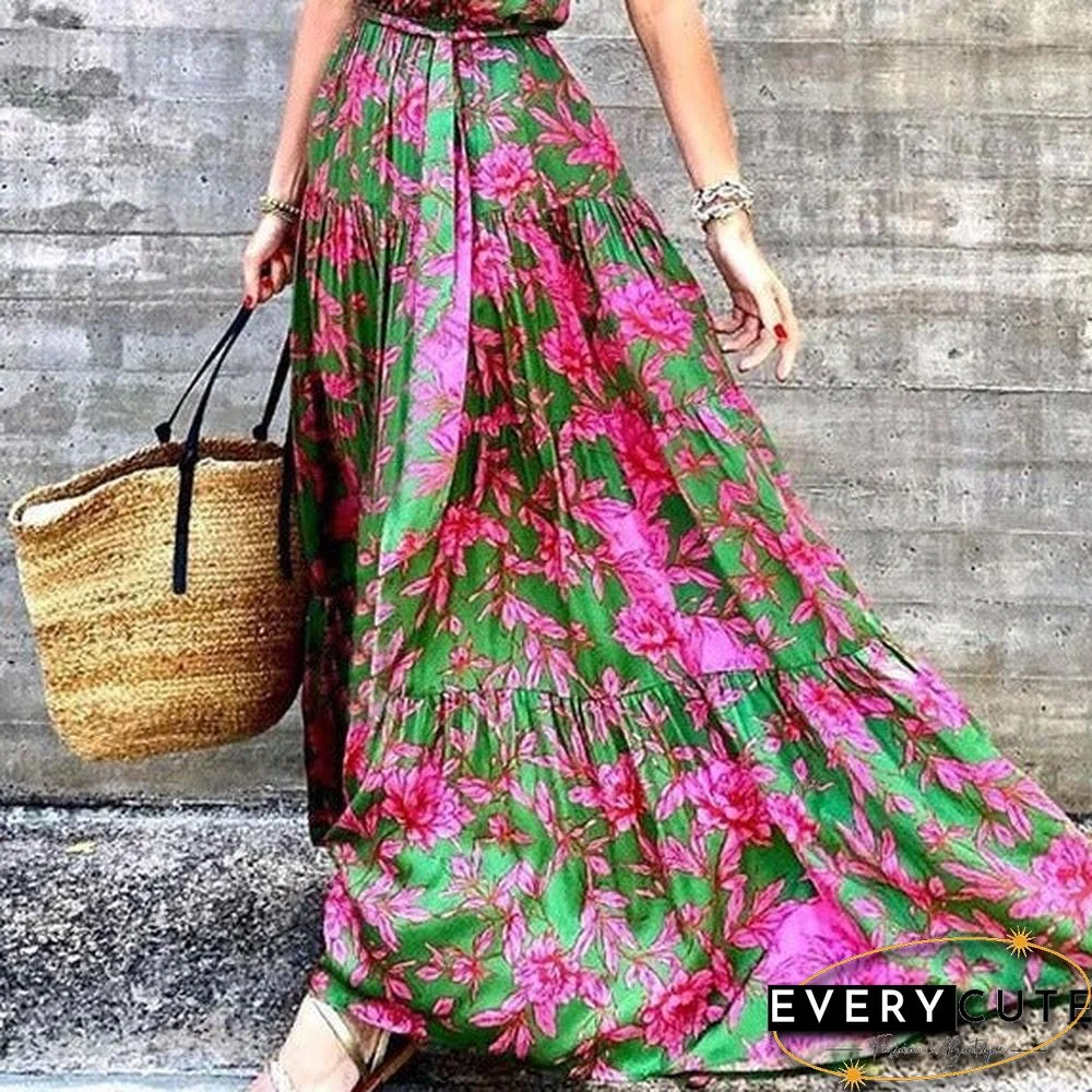 Printed Dress with Open Neck and Waist