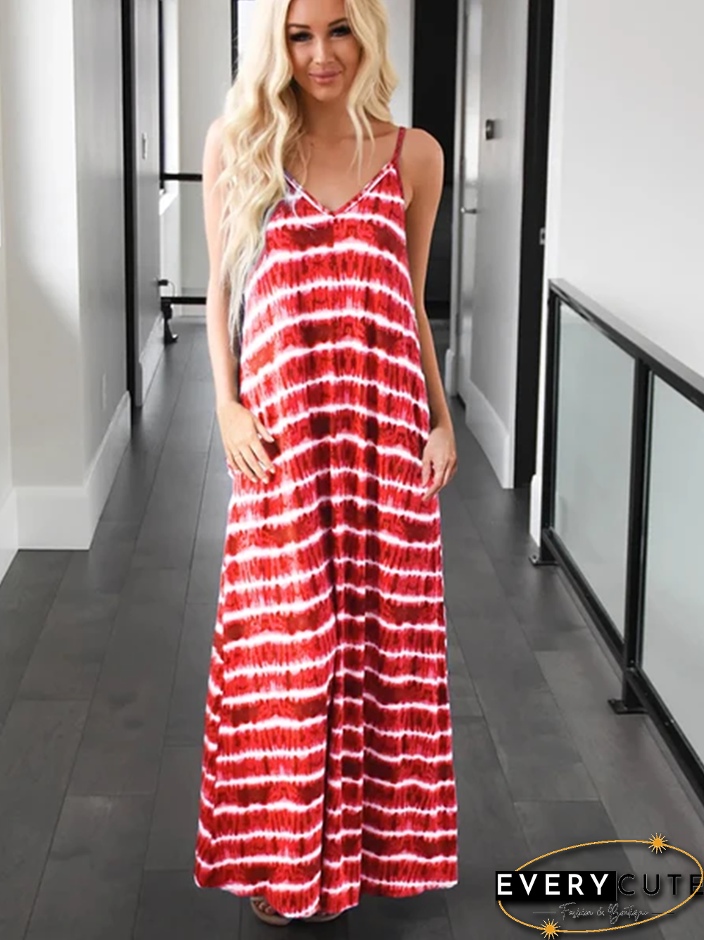 Sleeveless Scoop Neck Striped Loose Long Dress