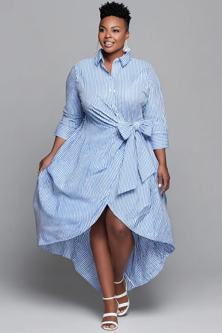 Xpluswear Design Plus Size Business Casual Light Blue Striped Shirt Collar Half Sleeve Wrap High Low Hem Midi Dresses [Pre-Order] 2024 - Xpluswear