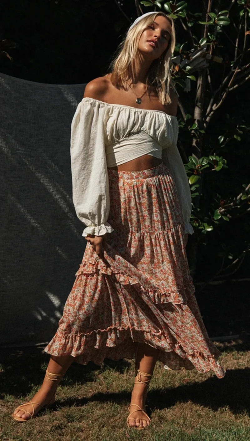 White Crop Top and Floral Skirt Sets