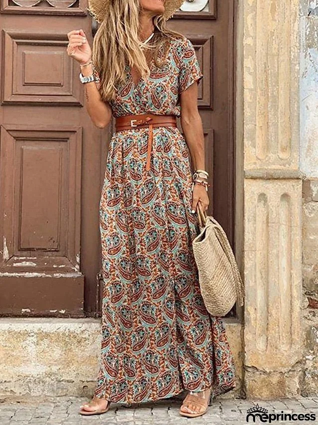 Women's Wrap Dress Maxi Long Dress Red Brown Short Sleeve Floral Print Split Ruffle Boho Dress Spring Summer Dress V