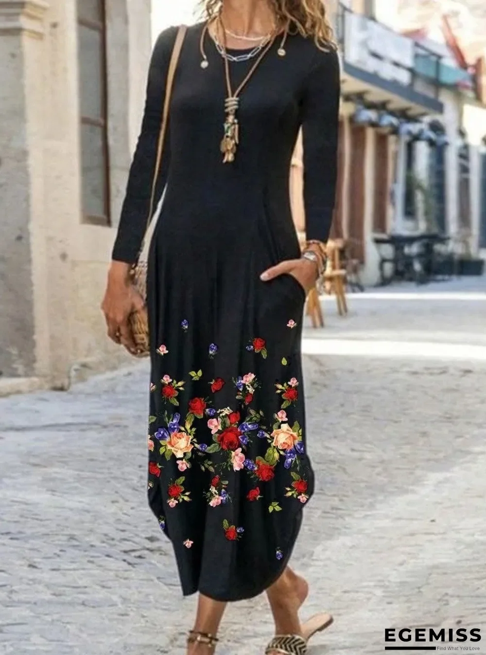 Ladies Floral Print Long Sleeve Maxi Dress Black Dresses | EGEMISS