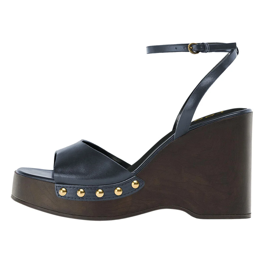 Navy Vegan Leather Open Square Toe Studded Platform Wedge Sandals