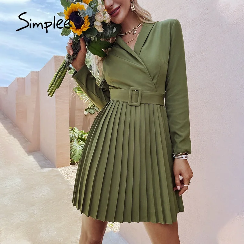 Simplee Elegant v-neck A-line pleated midi dress women green Office long sleeve belt blazer dresses Casual female vestidos 2021