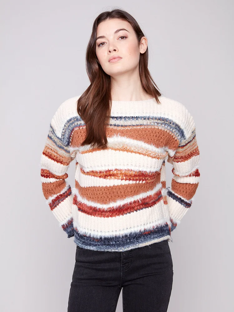 Patchwork Knit Drop Shoulder Sweater - Sepia