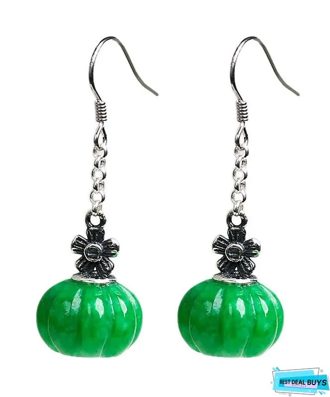 Vintage Green Sterling Silver Jade Pumpkin Drop Earrings