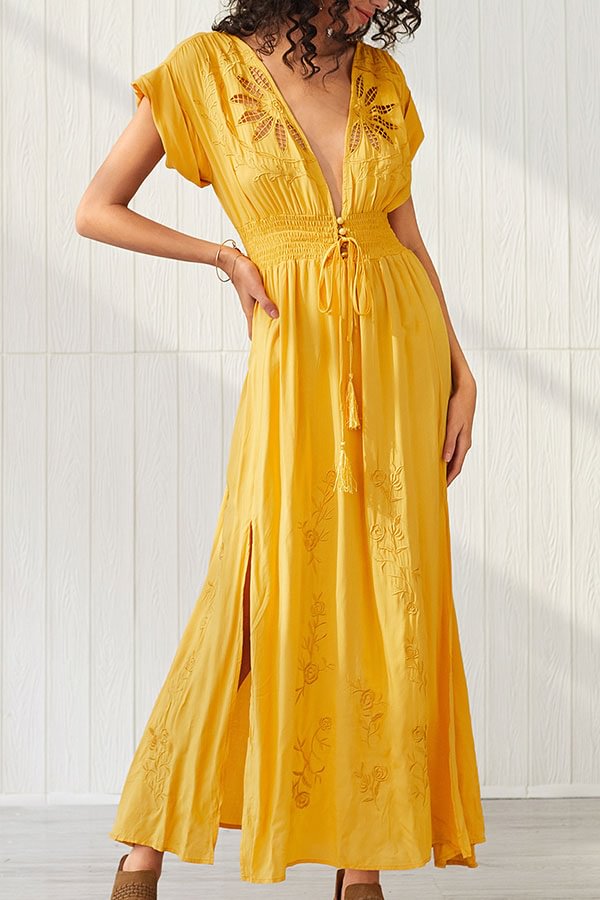 Yellow Slit Embroidered Maxi Dress - BlackFridayBuys