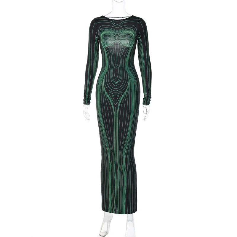 Striped Print Long Sleeve See Through  Bodycon Maxi Dress 2023 Spring Women  Evening Party Festival Clothes