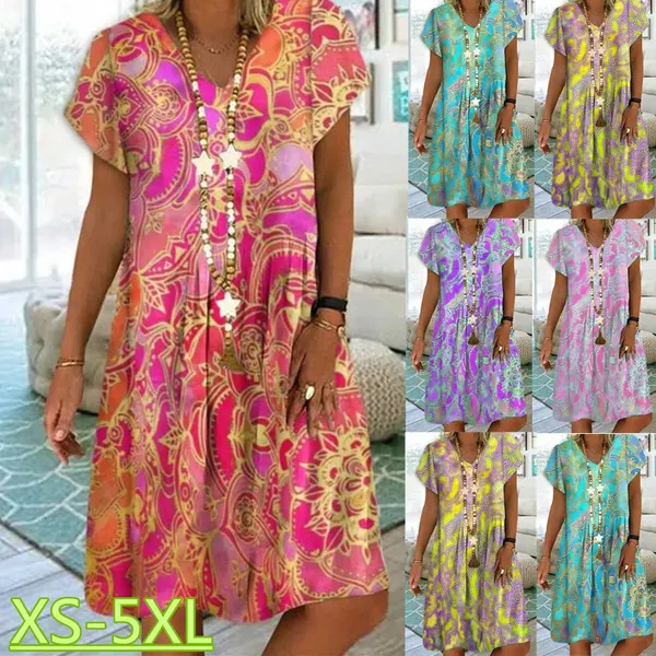 Summer New Fashion Womens Vintage Printed V-Neck Short Sleeve Casual Dress Loose Soft