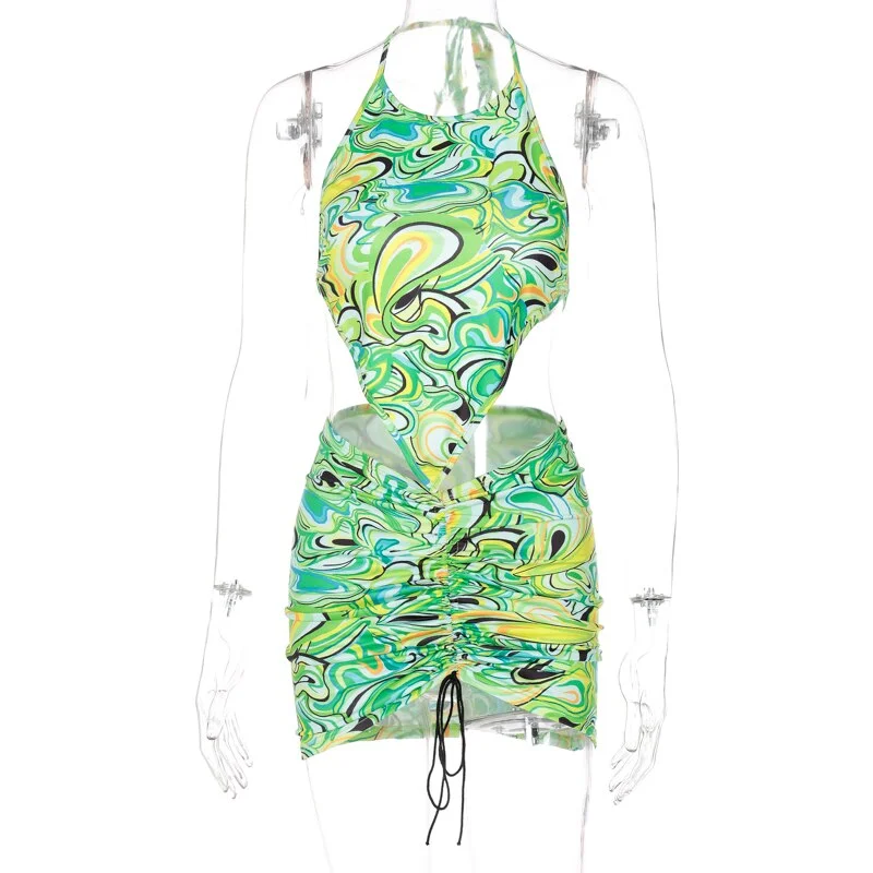 Hugcitar 2021 Print Sleeveless Bodycon Halter Hollow Out Sexy Top Mini Dress Set Summer Women Fashion Streetwear Outfits Y2K