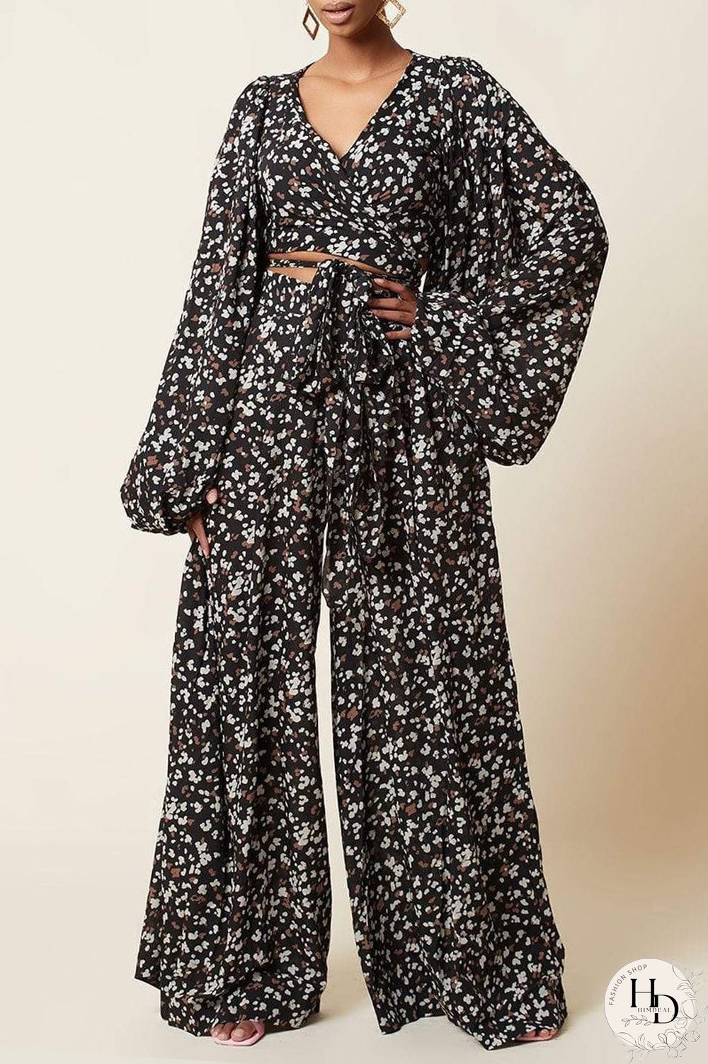 Black Fashion Casual Print Bandage V Neck Long Sleeve Two Pieces