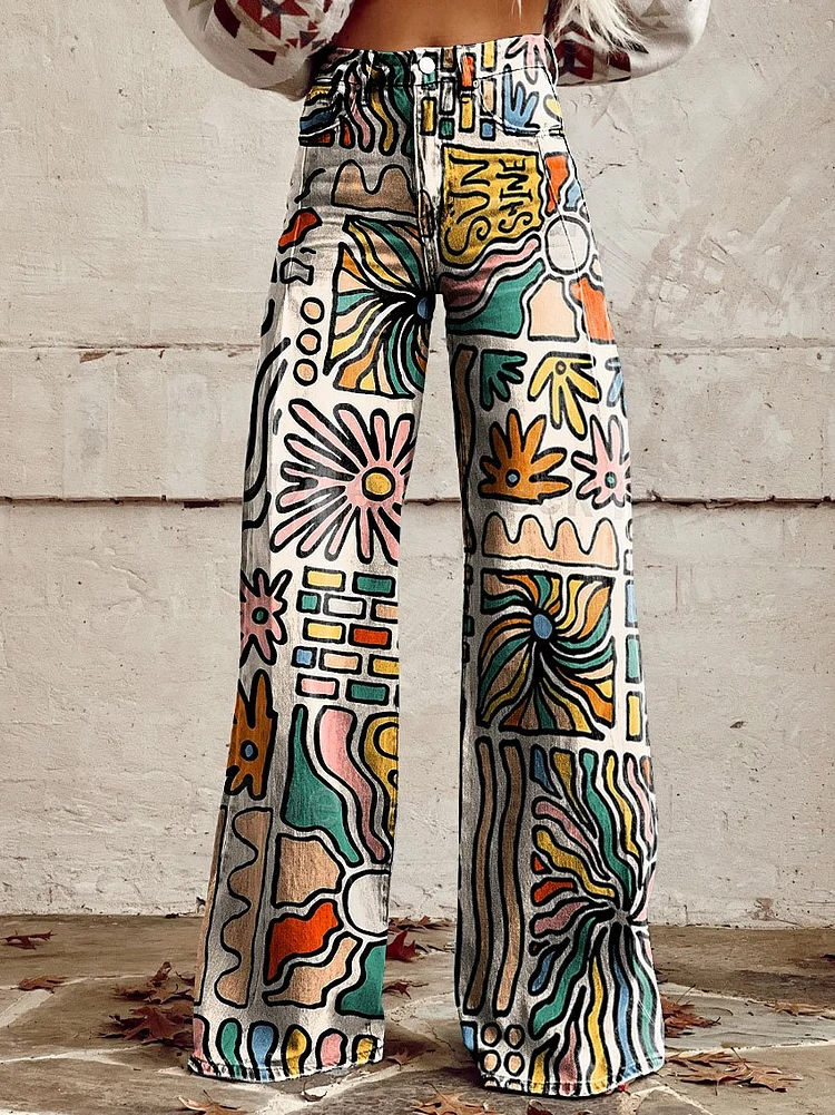 Women's Vintage Samoan Hawaiian Print Casual Wide Leg Pants