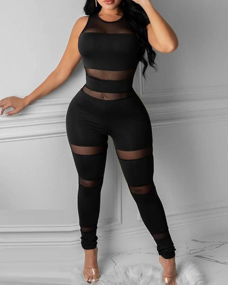 2020 Women Fashion Elegant Casual Sheer Mesh Thick Strap Sleeveless Skinny Jumpsuit Solid Sexy Round Neck Party