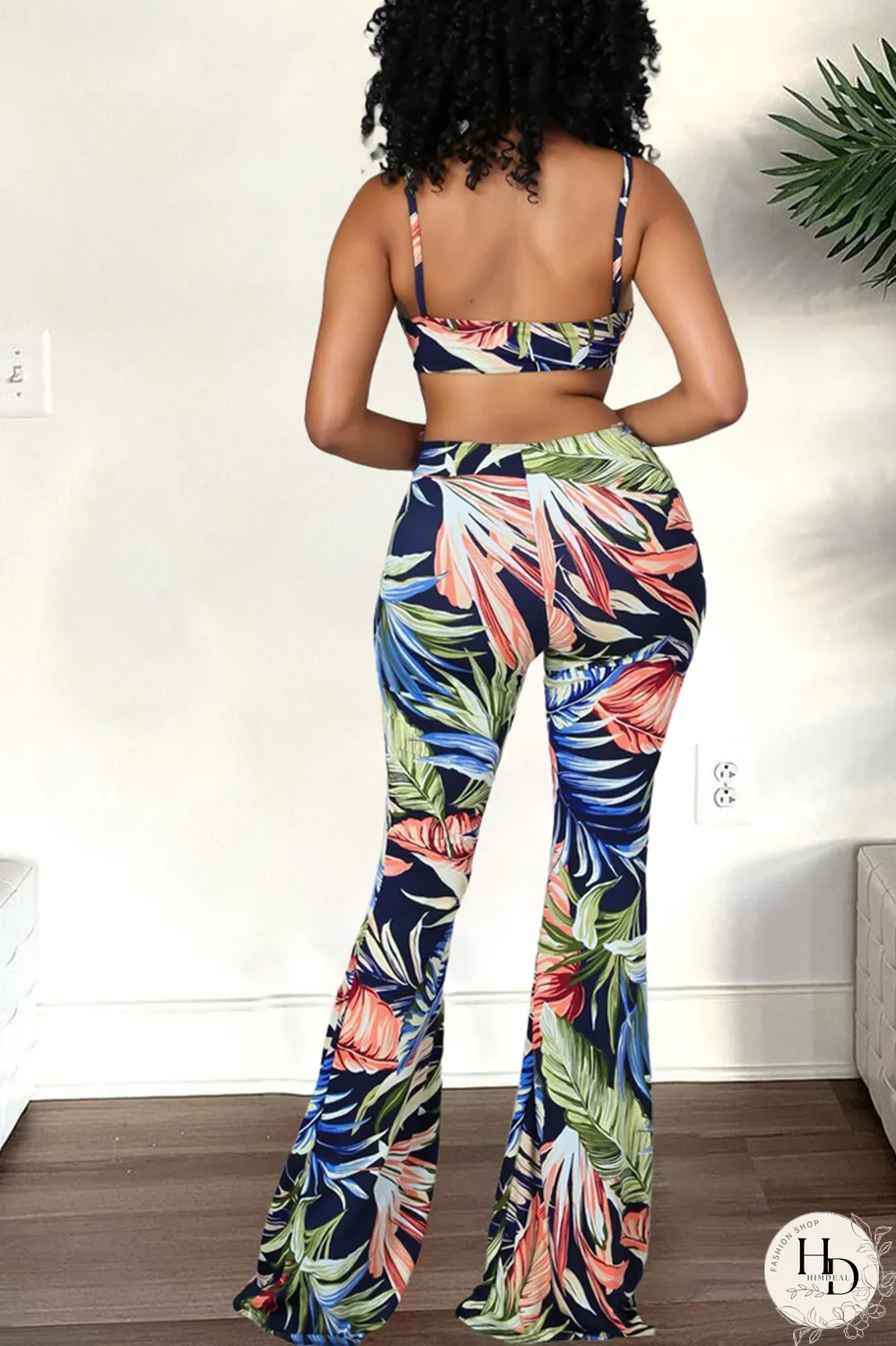 Rose Red Sexy Print Hollowed Out Spaghetti Strap Boot Cut Jumpsuits