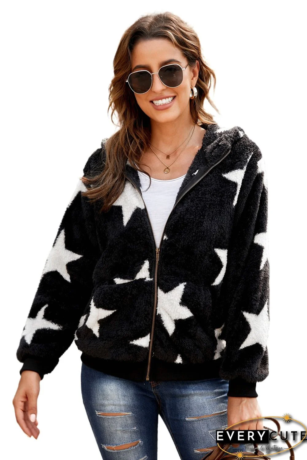 Black Star Print Zipper Fleece Hooded Coat with Pockets