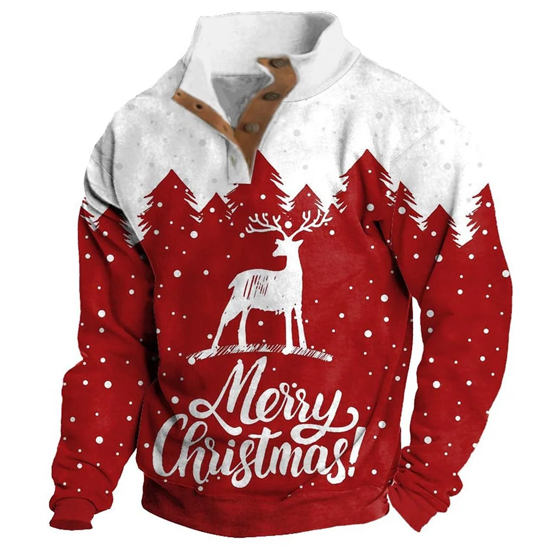 Men's Sweatshirt Merry Christmas Deer Buttons Stand Collar Daily Tops / DarkAcademias /Darkacademias