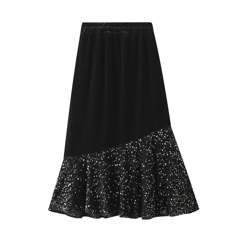 Nigikala Nigikala Skirt Autumn And Winter Velvet Splicing Lin Apparent Black Dress Dress Girl J530