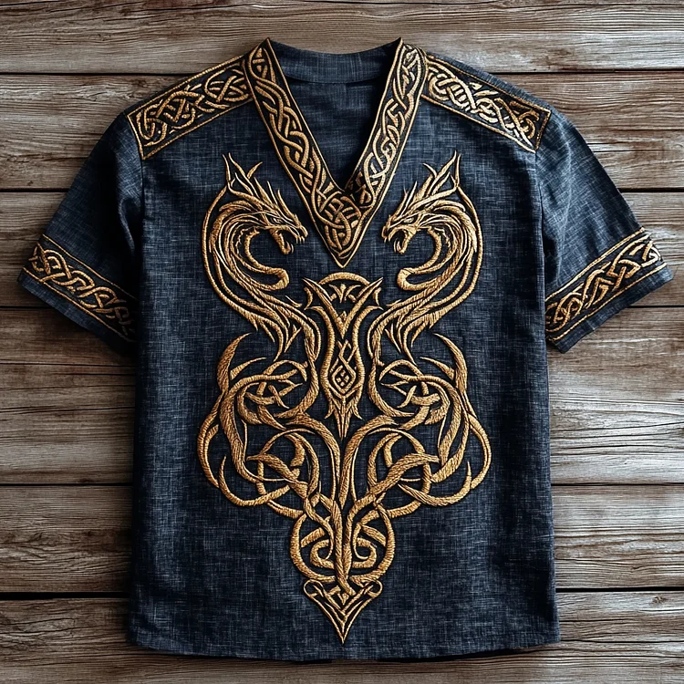 Men's Viking Tribal Dragon Celtic Art Linen V-neck T Shirt