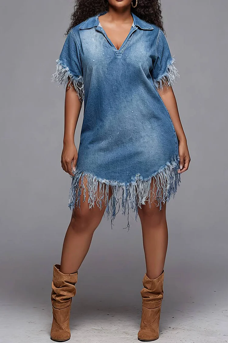 plus size denim mini dress Plus Size Blue Daily Denim Puff Sleeve Babydoll Dress Mini Dress