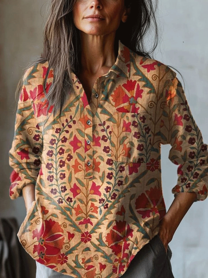 Women's   Retro Geometry  Art Print Casual Cotton And Linen Shirt