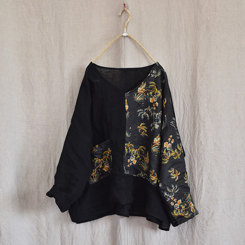 Vintage Casual Loose-Fit V-Neck Patchwork Linen Top Shirts