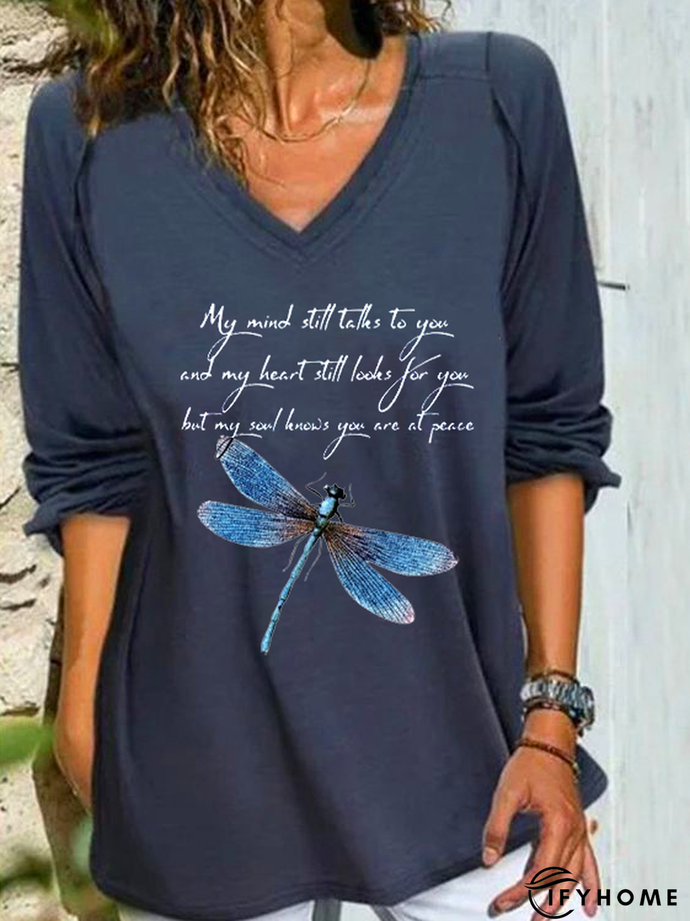 Women's Loosen Tunic Text Letters With Dragonfly Print Long Sleeve Raglan Sleeve V-Neck Fall Spring | IFYHOME