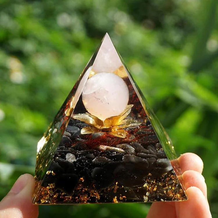 Olivenorma Clear Quartz Obsidian Lotus Symbol Orgone Pyramid
