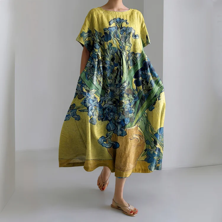 Vintage Irises Art Print Cotton Linen Dress