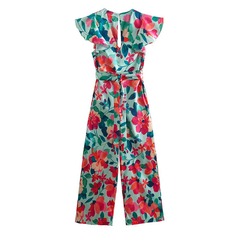 Fashion V Neck Ruffle Blossom Printed High Waist Jumpsuit