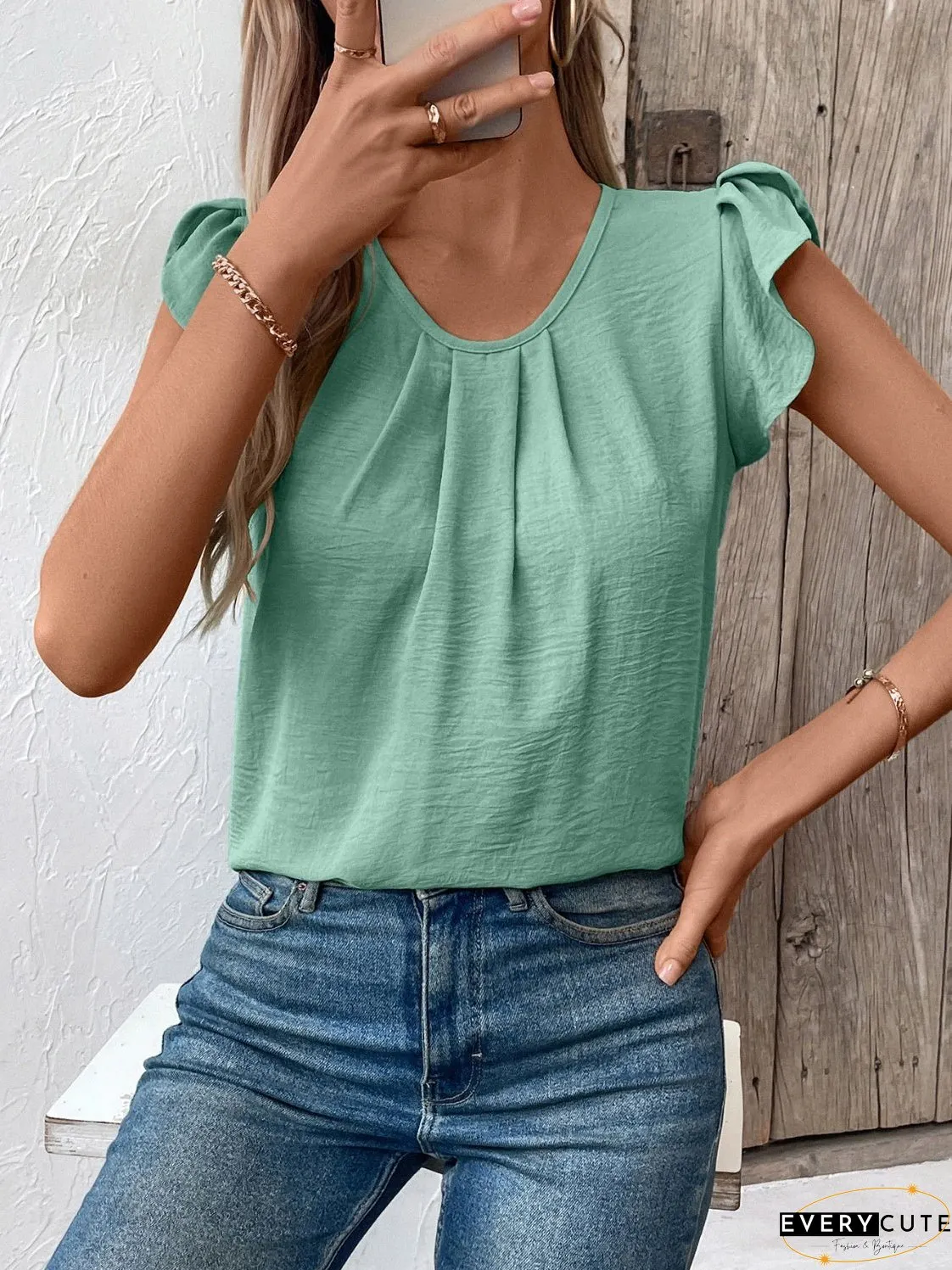 Ruched Round Neck Cap Sleeve Blouse