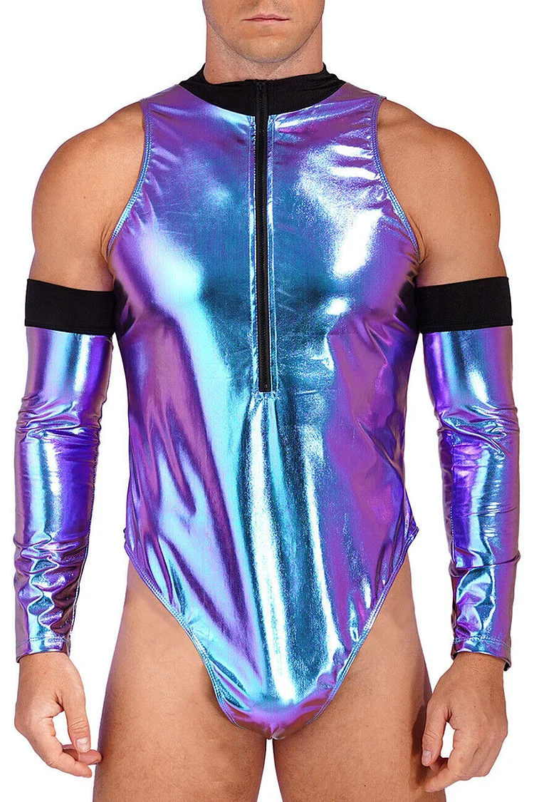 Glitter Colorblock Mock Neck Half Zipper Stretchy Bodycon Bodysuit [Pre-Order]