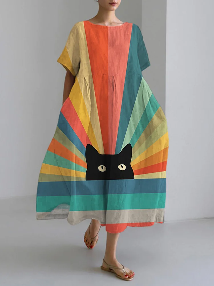 Rainbow Cat Print Linen Blend Maxi Dress