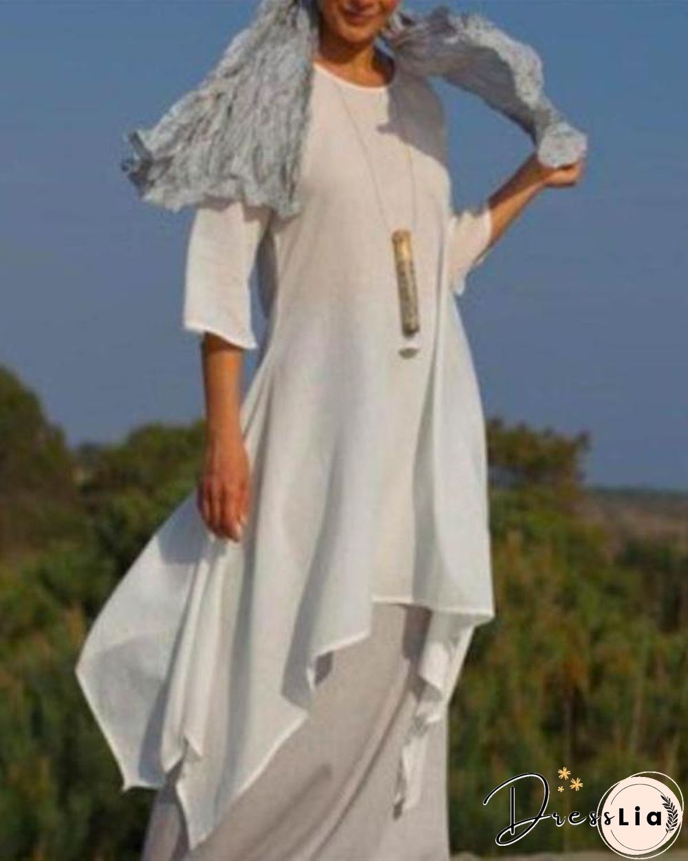 New Solid Color Linen Dress Loose Long-Sleeved Cotton Dress