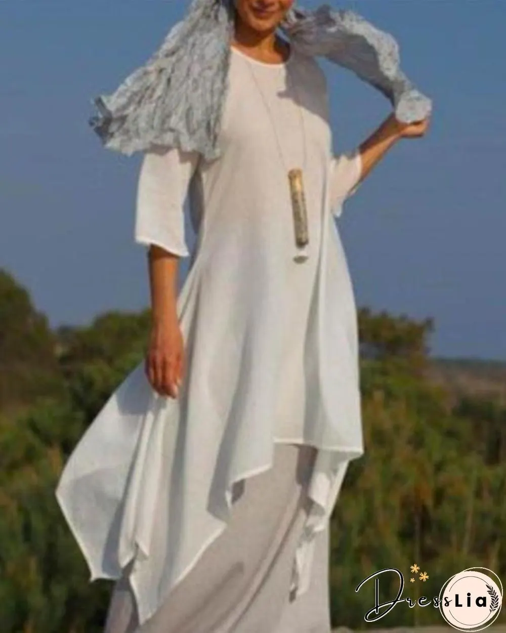 New Solid Color Linen Dress Loose Long-Sleeved Cotton Dress