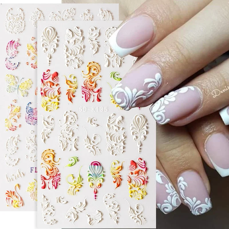 1PC French 5D Nail Sticker Embossed Flower Bubble Pattern Self-Adhesive Slider Wedding Design Nails Decals Nail Art Decoration-Nail Inspo