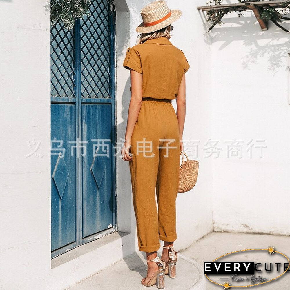 Spring & Summer High Waist Wide Leg Pants Drape Loose Cotton Jumpsuit Solid Color Belt