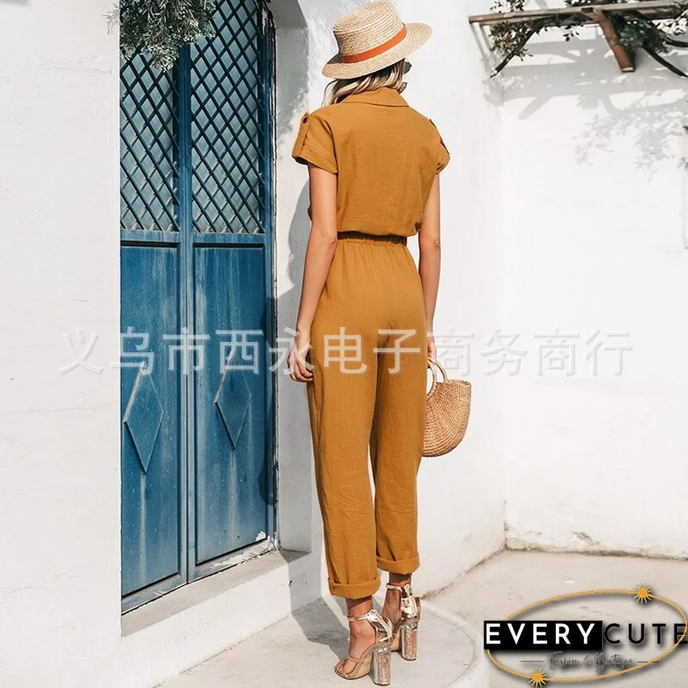 Spring & Summer High Waist Wide Leg Pants Drape Loose Cotton Jumpsuit Solid Color Belt