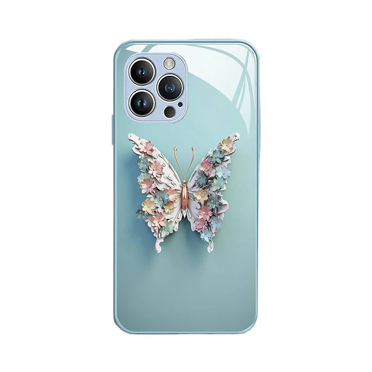Flat 3D Butterfly Pattern Glass Cover Fairy Butterfly Glass Phone Case for IPhone 14 13 12 11 15 Pro Max X XS XR 7 8 Plus Cover