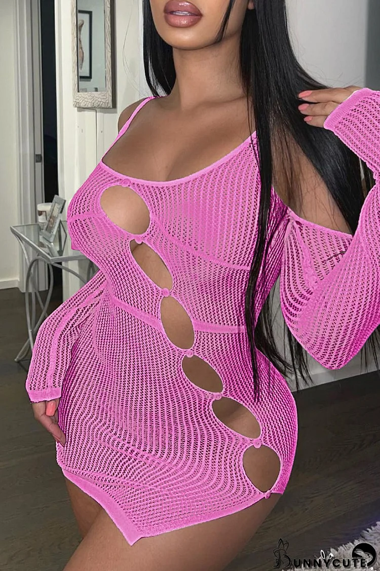 Pink Fashion Sexy Solid Hollowed Out Backless Slit Off the Shoulder Long Sleeve Dresses