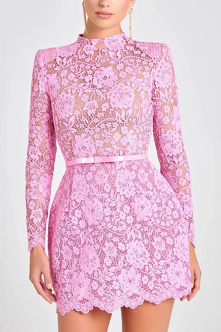 Lace See-Through Long Sleeve Belt Mini Dress-Pink