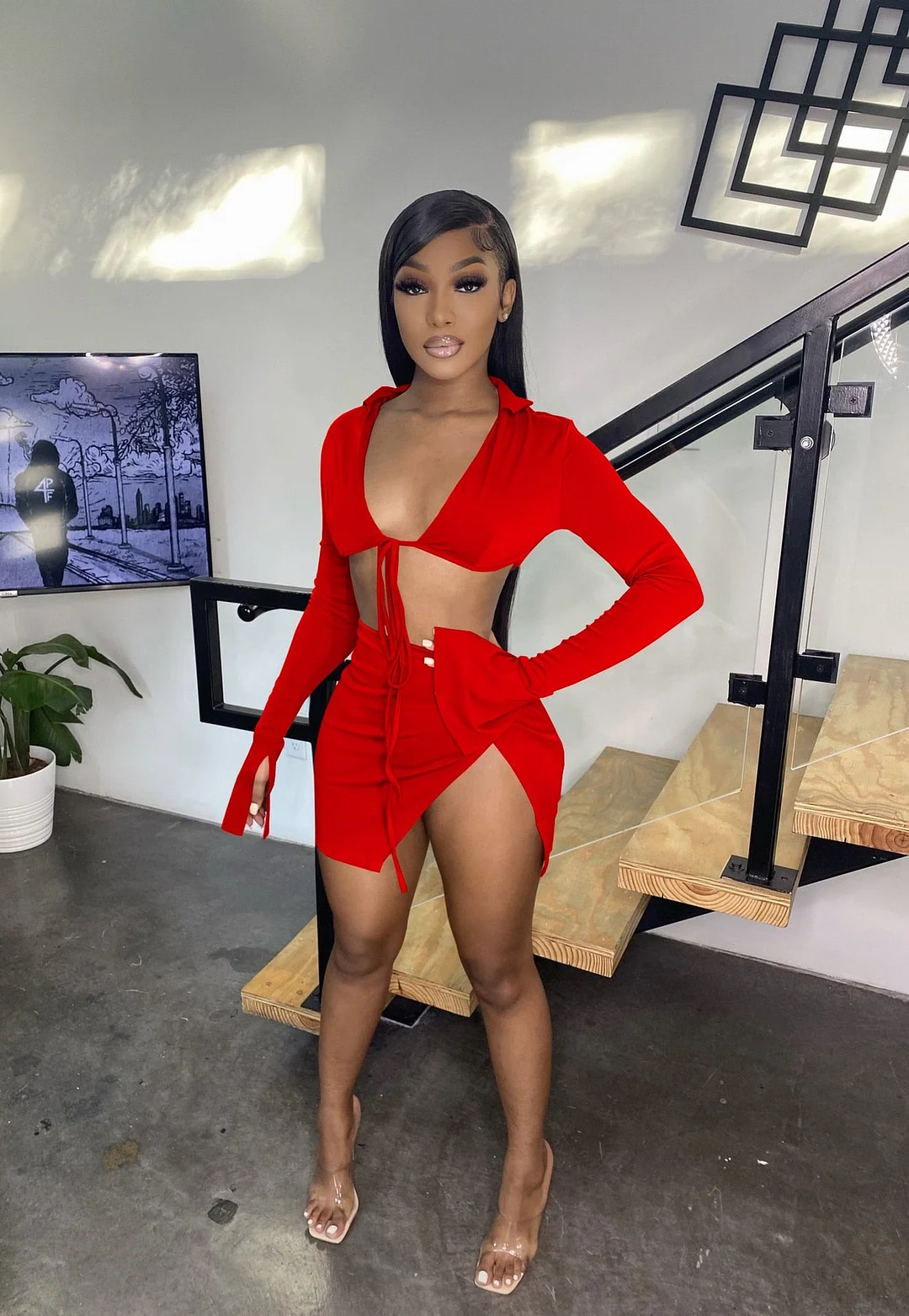 CM.YAYA Women Side Split Mini Midi Skirts Suit and Lace Up Mini Shirt Tops Beach Holiday Sexy Matching Two 2 Piece Set Outfits