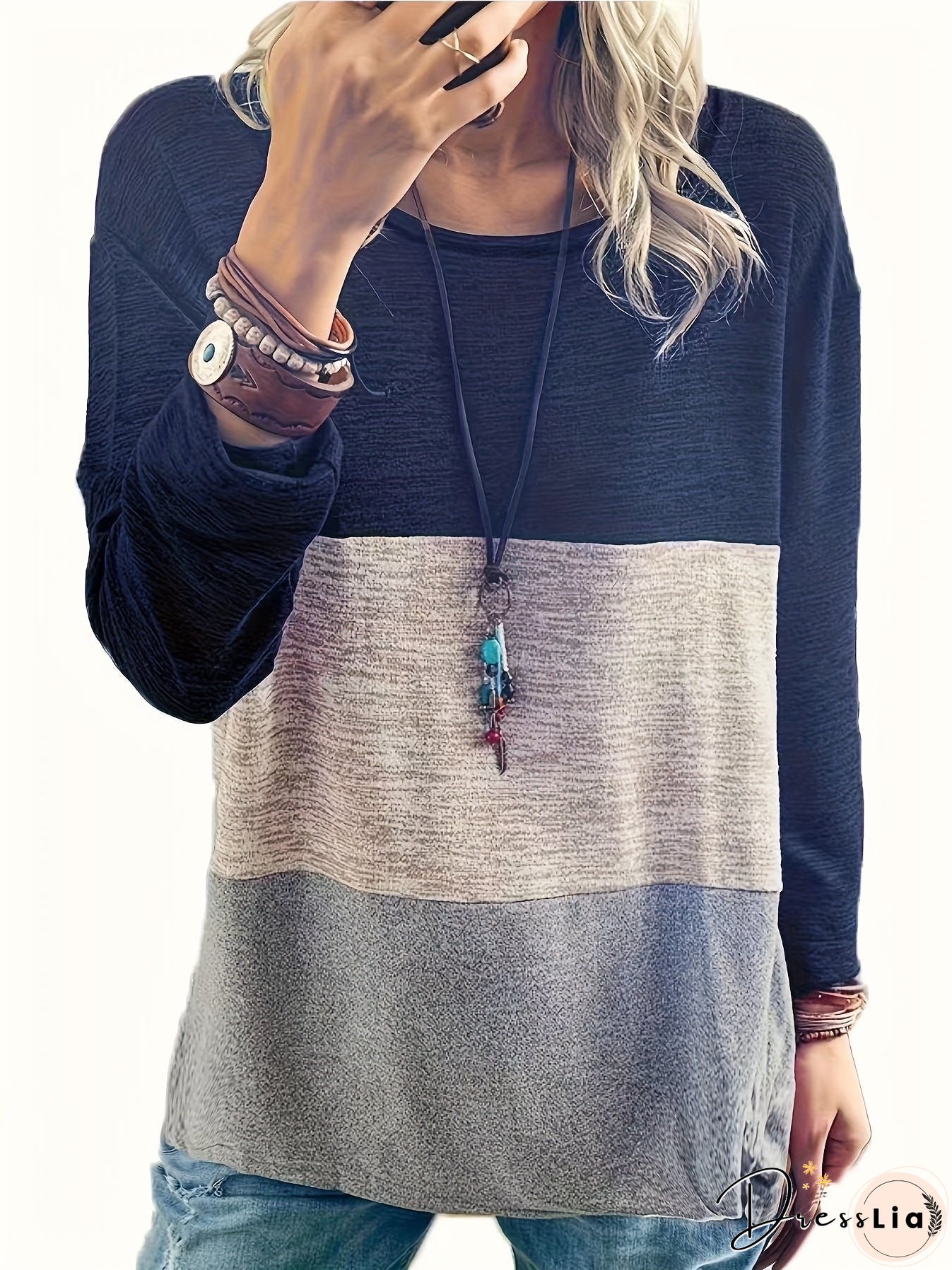 Plus Size Casual Top, Women's Plus Colorblock Long Sleeve Round Neck Medium Stretch Top