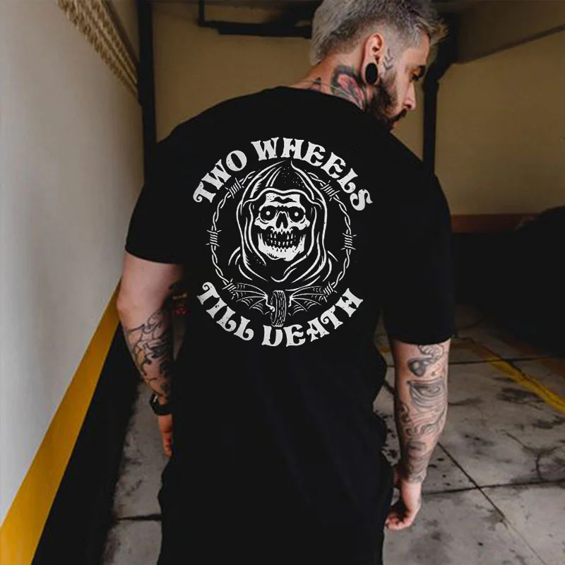 TWO WHEELS TILL DEATH Skull Print Men's T-shirt
