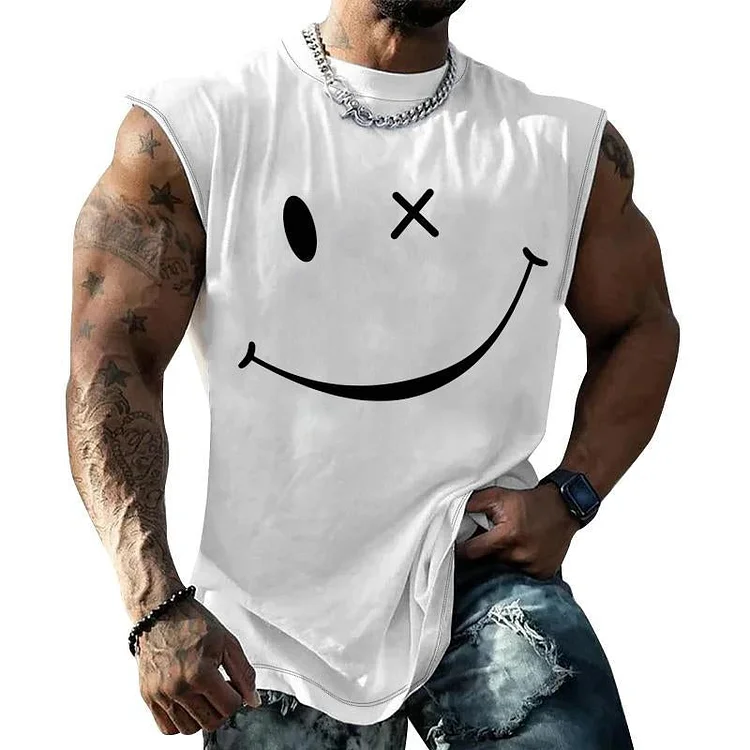 Men's Sports Loose Smiley Printed Crew Neck Tank Top