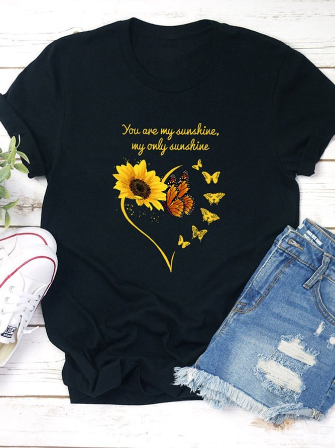 Sunflower Butterfly Crew Neck Shirts & Tops