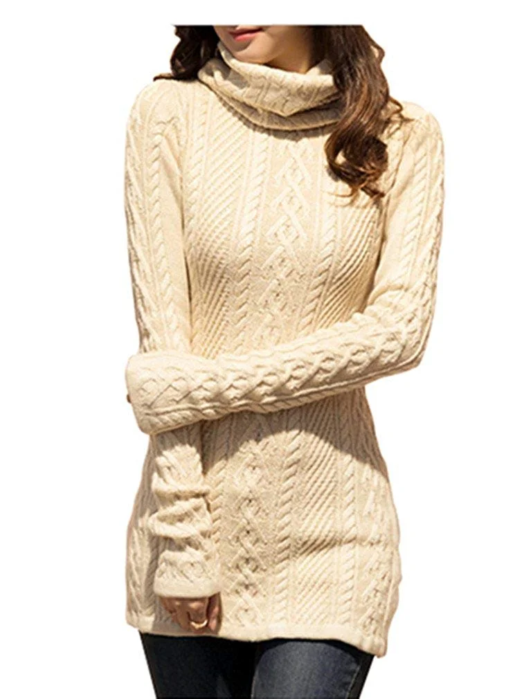 Women Polo Neck Sweater Knit Stretchable Elasticity Long Slim Sweater