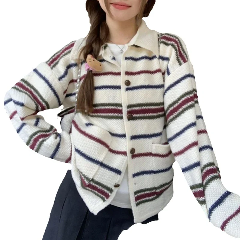 Churchf Churchf 2024 South Korean Autumn And Winter New Loose Lazy Wind Lapel Shows Thin Knit Cardigan Striped Coat Jacket Female