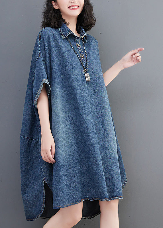VCSHOES Loose Blue Button Side Open Maxi Denim Dress Summer