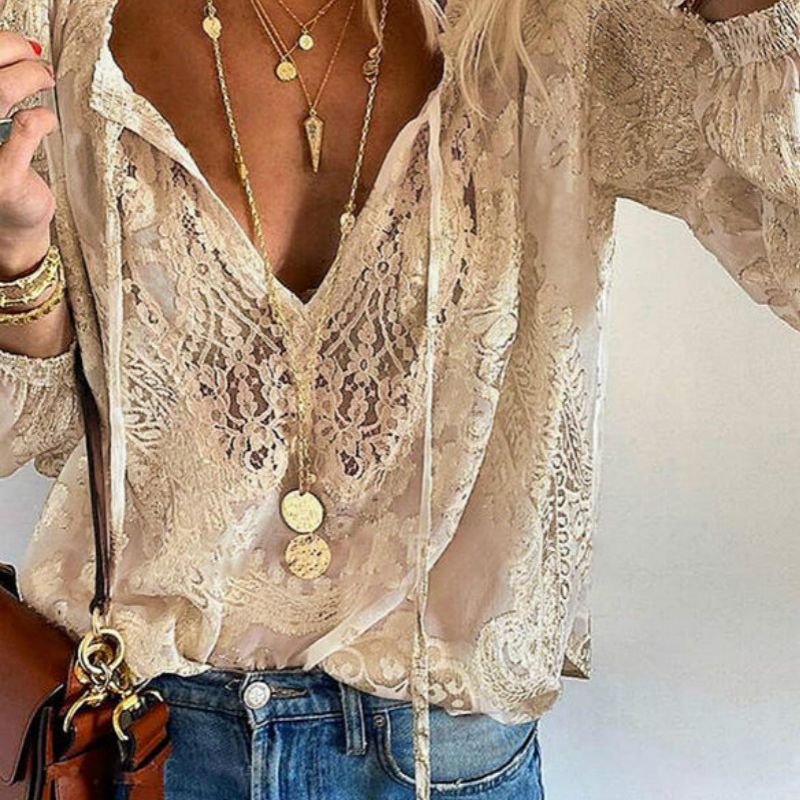 Fashion Women Patchwork Lace T Shirts Summer Hollow Long Sleeve Tops Spring Elegant  Lace  Crochet T Shirt