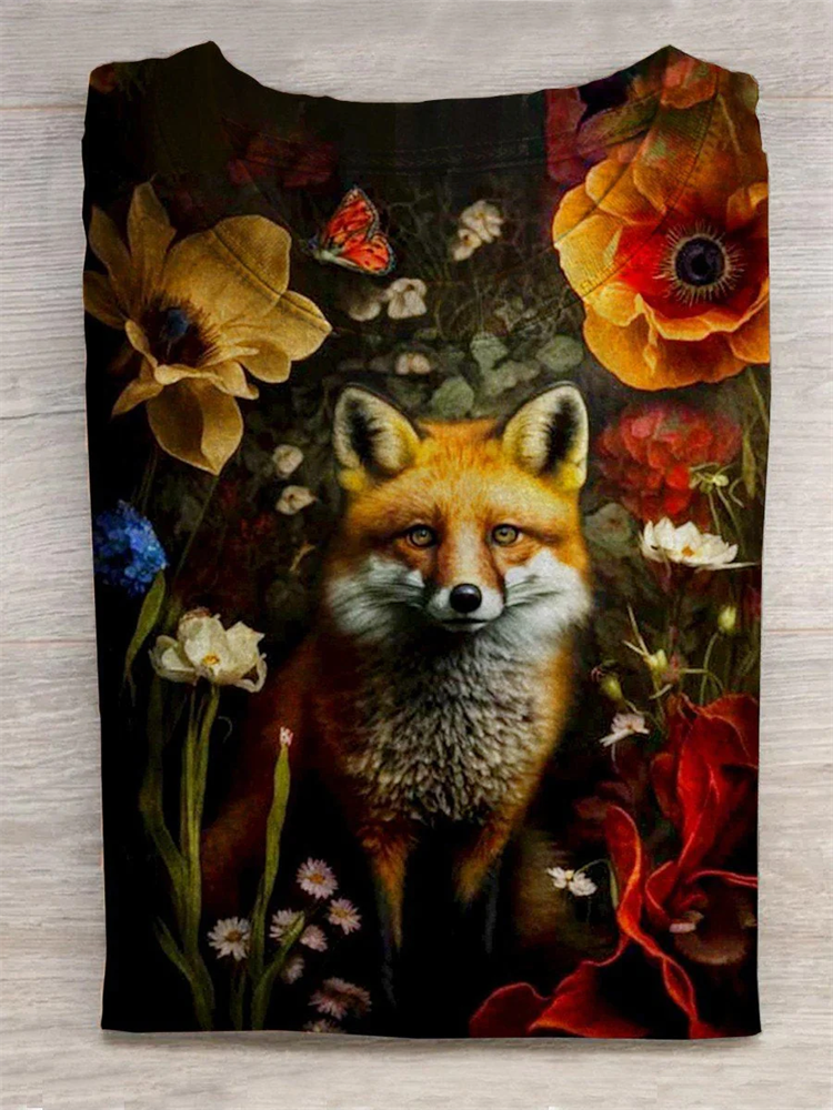 Retro Fox Floral Art Print Casual T-Shirt artswardrobe